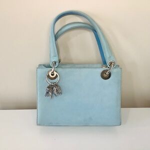 Stuart Weitzman Mini Tote Box Handbag Light Baby Blue Velvet Suede Crystal Charm